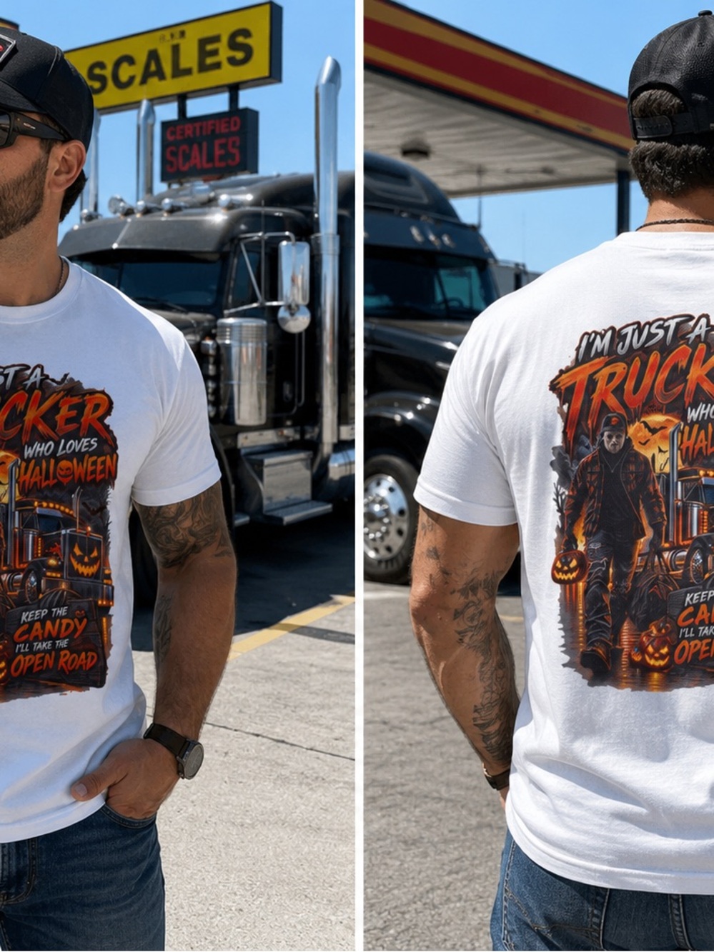 Halloween Trucker Graphic T‑Shirt - White